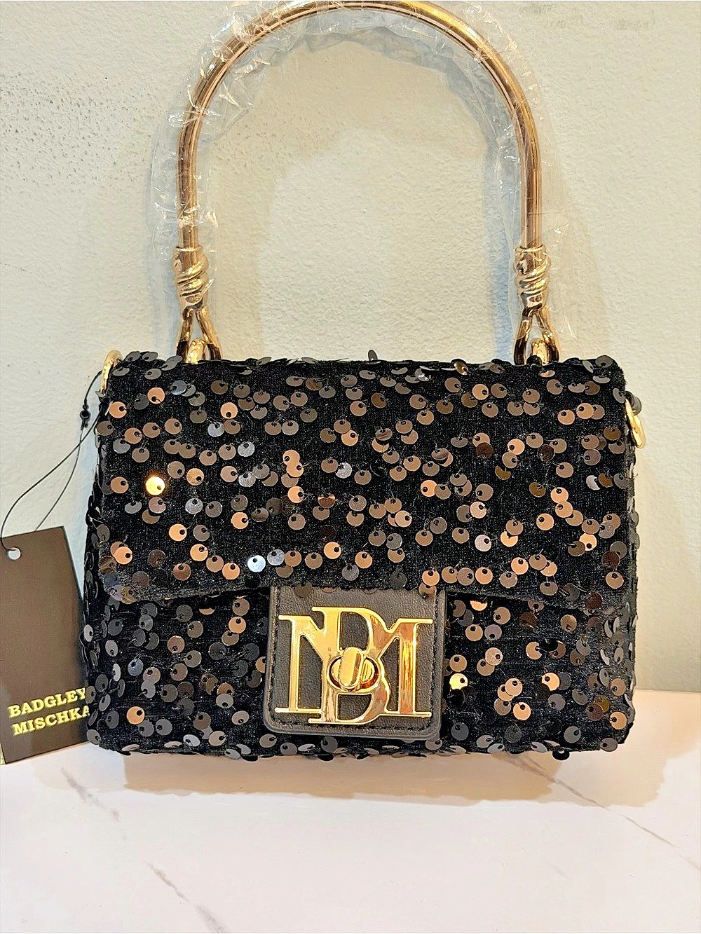 Badgley Mischka Sequin Metal Handle Bag Black & Gold